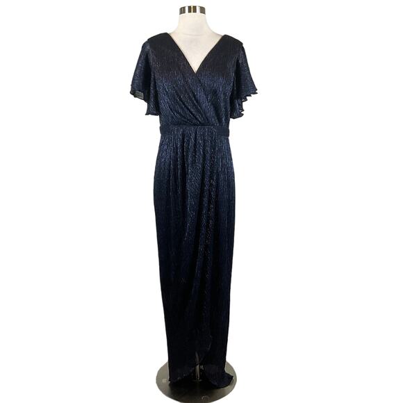 Betsy & Adam Women's Formal Dress Size 6 Blue Short Sleeve Thigh Slit Long Gown - Picture 1 of 11